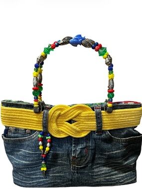 Denim Nautical Beads Tote Bag with Yellow Rope Belt and Beaded Handle